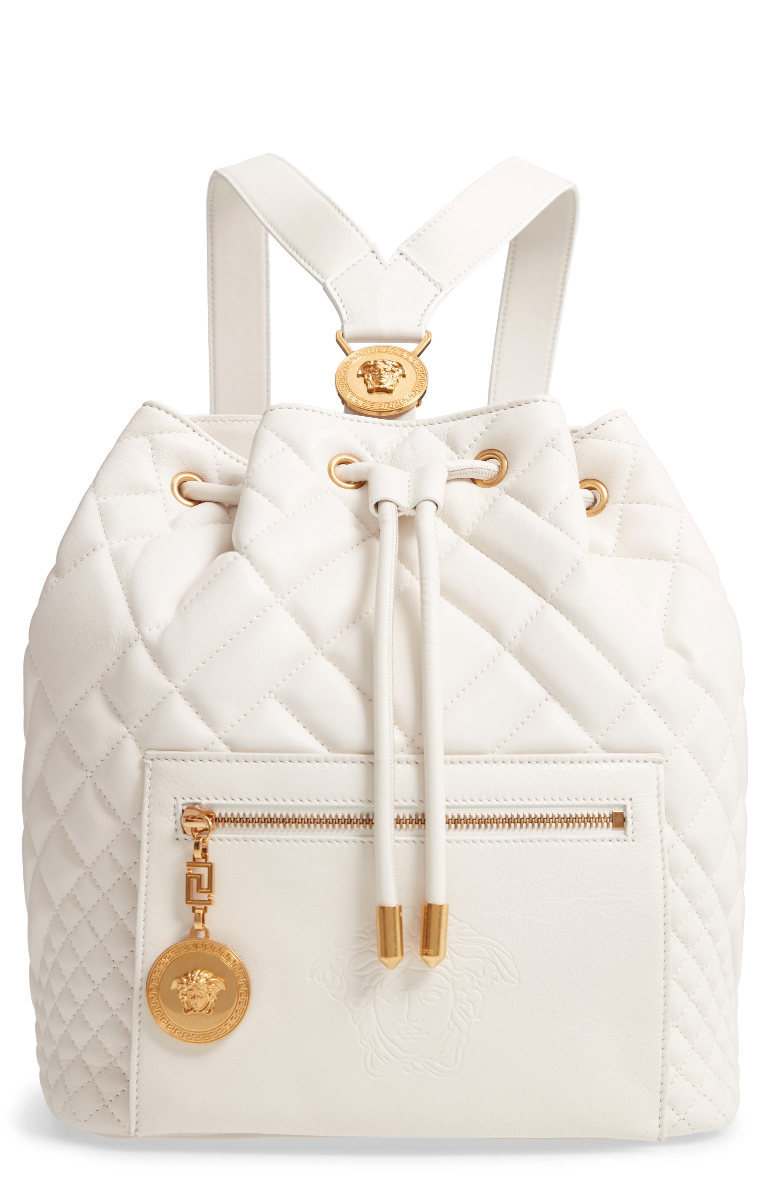 Quilted Leather Drawstring Backpack, Main, color, OFF WHITE