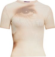 Jean Paul Gaultier Face Print Crop Mesh Baby Tee