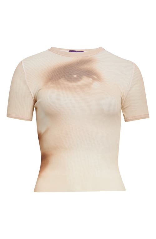 Jean Paul Gaultier Face Print Crop Mesh Baby Tee In Beige