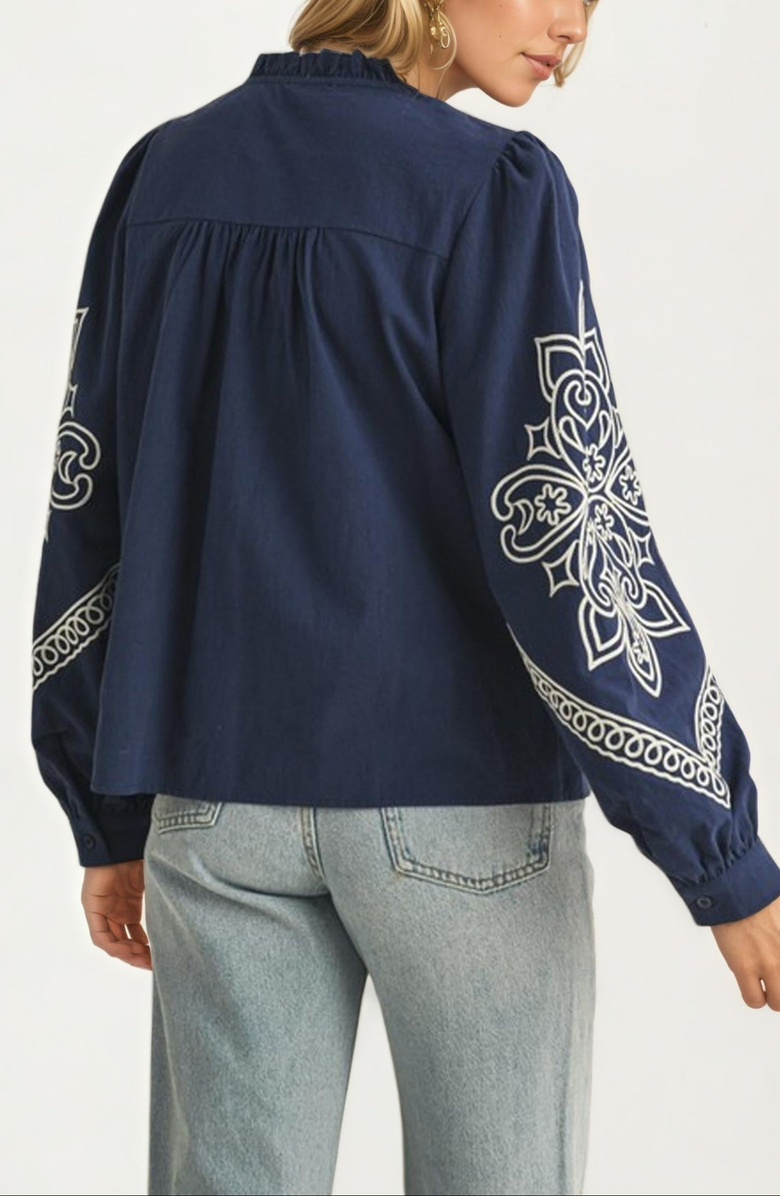 Knit and Lounge Embroidered Button-Front Puff-Sleeve Blouse, Alternate, color, Navy Embroidered