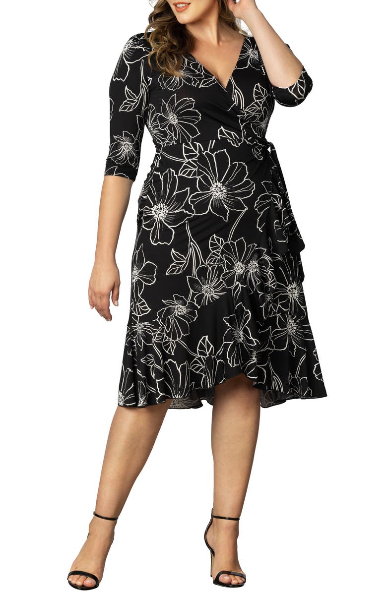 Kiyonna Flirty Flounce Wrap Dress, Alternate, color, Black Florals