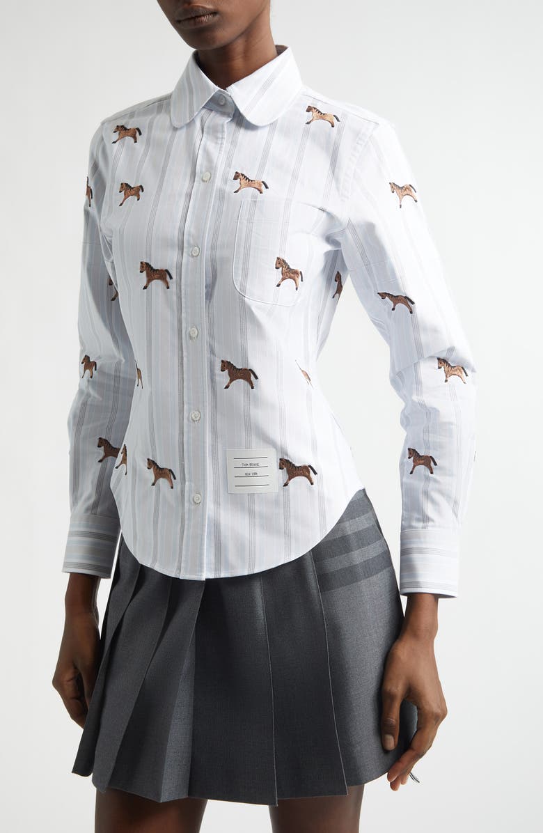 Thom Browne Lunar New Year Horse Embroidered Oxford Button-Up Shirt, Alternate, color, Medium Blue
