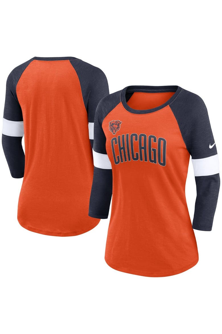Women's Nike Chicago Bears Heather Orange/Heather Navy Football Pride Raglan 3/4-Sleeve T-Shirt, Main, color, Heather Orange