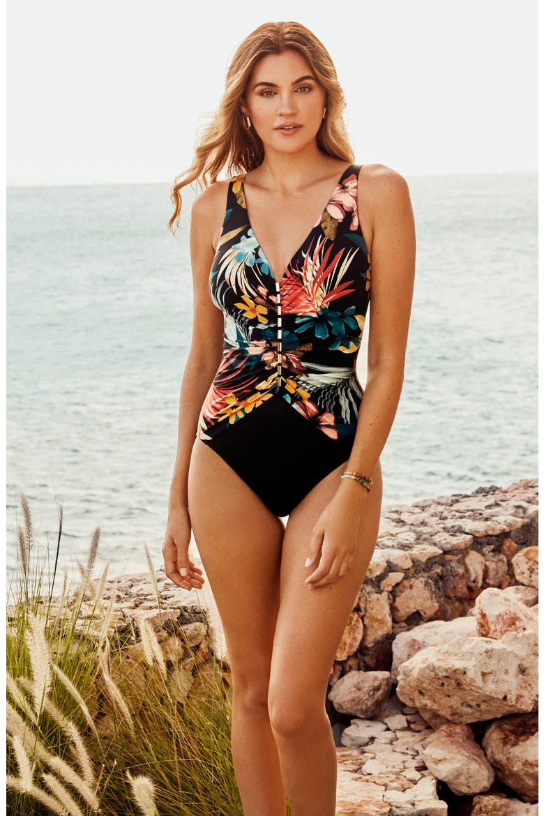 Plumeria Charmer One-Piece Swimsuit, Alternate, color, BLK/ MULTI