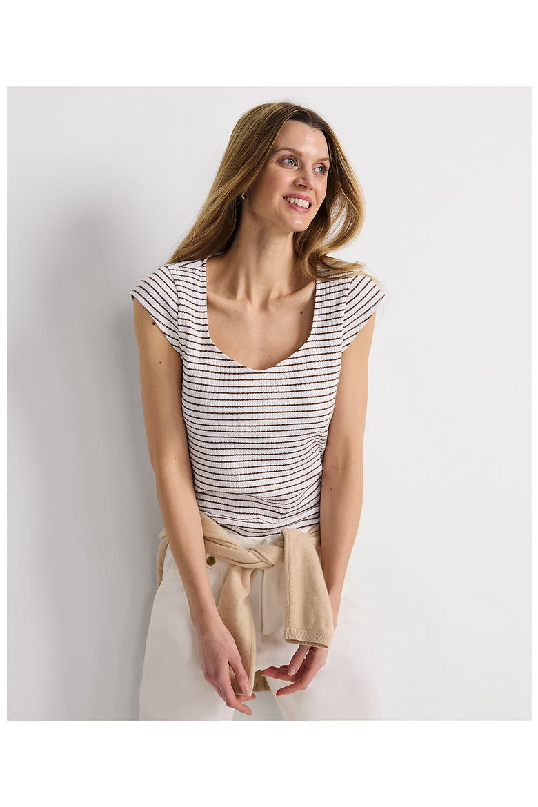 Pointelle Cap Sleeve Top, Alternate, color, White/Coriander Easy Stripe