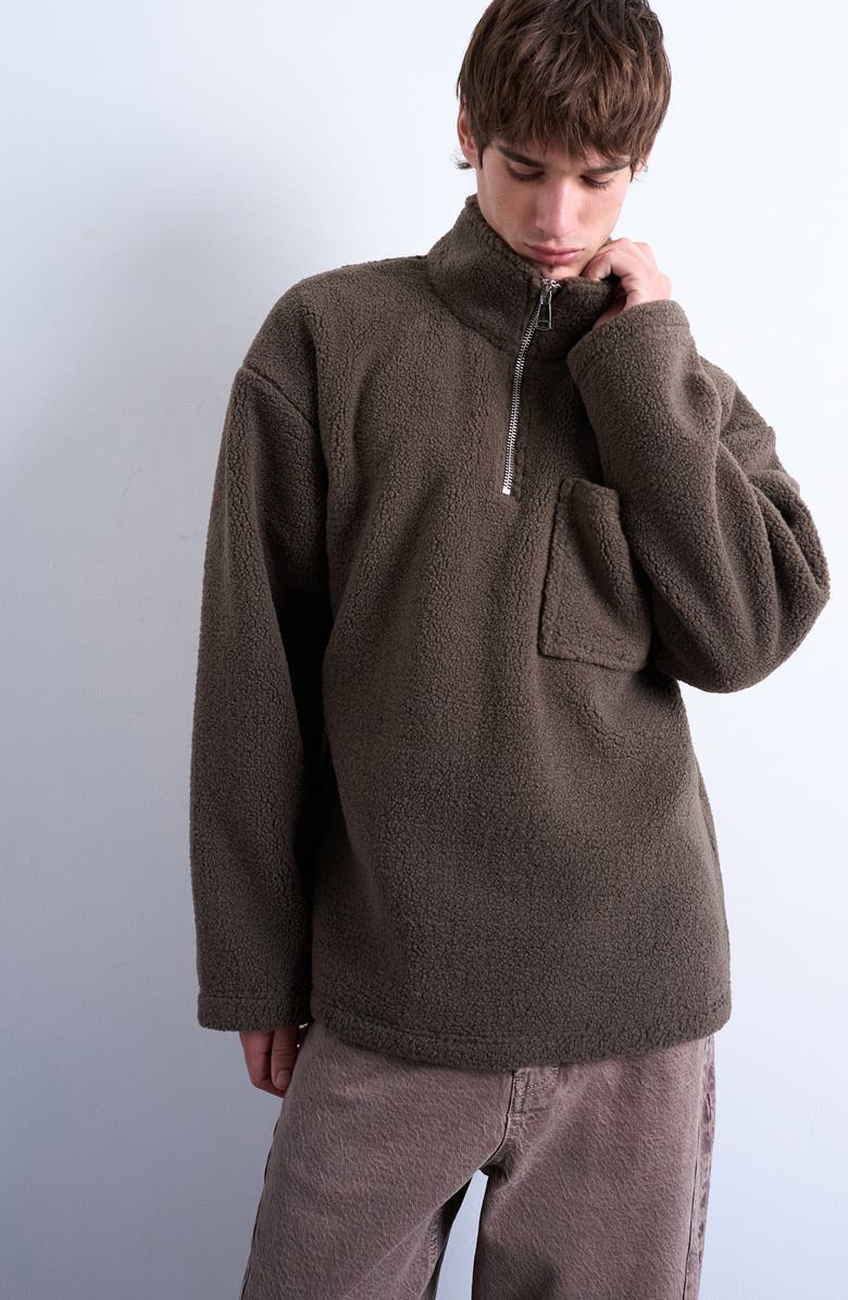 Topman Quarter Zip High Pile Fleece Sweatshirt, Main, color, Dark Brown