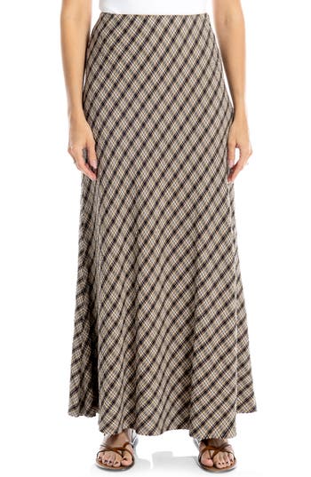 Max Studio Plaid Maxi Skirt In Taupe/ Black/ Blue Plaid