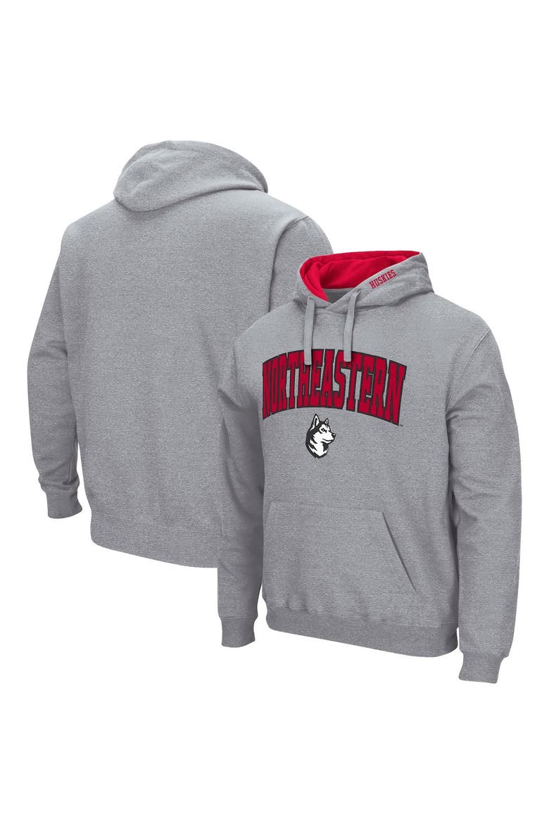Men's Colosseum Heathered Gray Northeastern Huskies Arch and Logo Pullover Hoodie, Main, color, Heather Gray