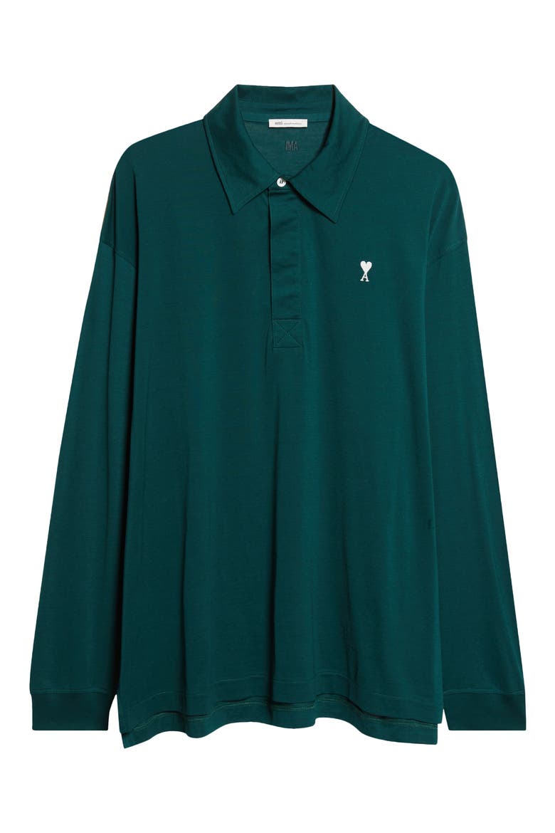 Ami de Coeur Embroidered Long Sleeve Cotton Polo, Alternate, color, VERT SAPIN/ BLANC CREME