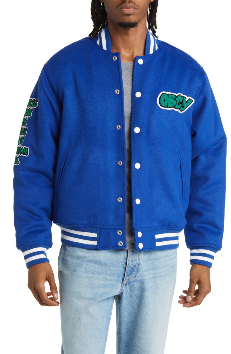 Obey Roll Call Varsity Jacket, Main, color, 