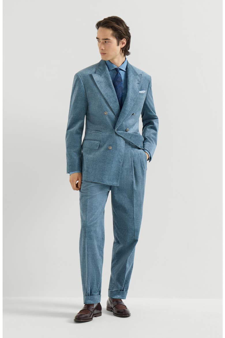 Denim-effect cotton velvet trousers with double pleats, Alternate, color, Cerulean