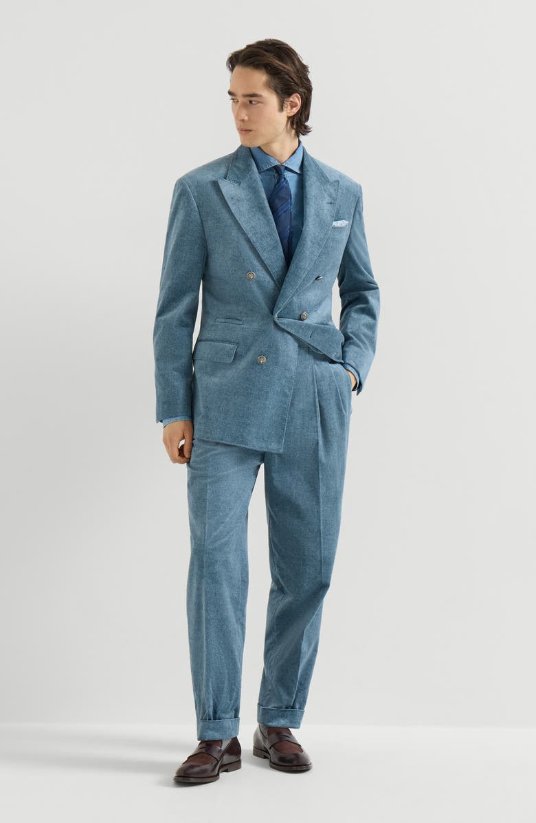 Brunello Cucinelli Denim-effect cotton velvet trousers with double pleats, Alternate, color, Cerulean