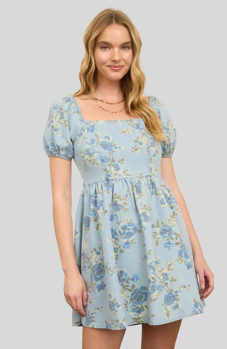 Blu Pepper Floral Print Puff Sleeve Denim Minidress, Alternate, color,