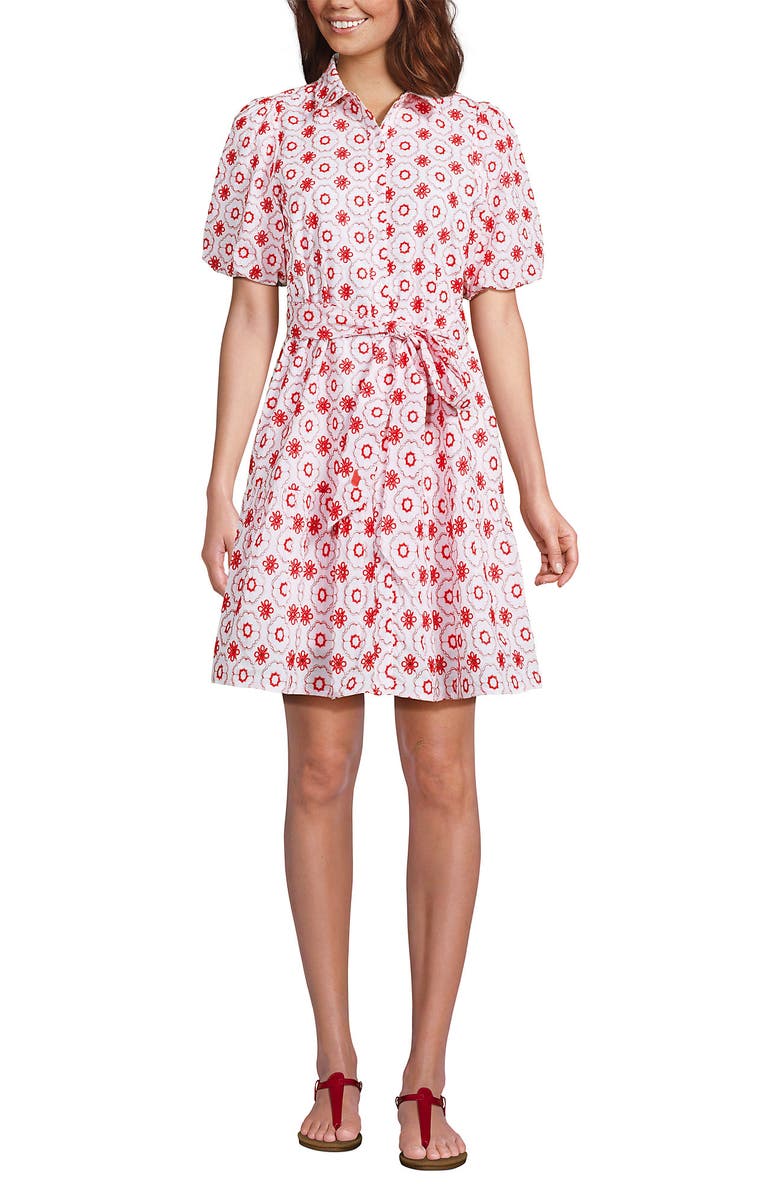 Lands' End Elbow Sleeve Eyelet Knee Length Shirt Dress, Alternate, color, White/Poppy Mosaic Eyelet