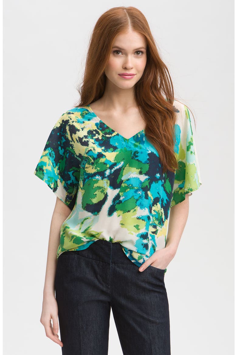 Relaxed V-Neck Top, Main, color, FLORAL AQUA COMBO