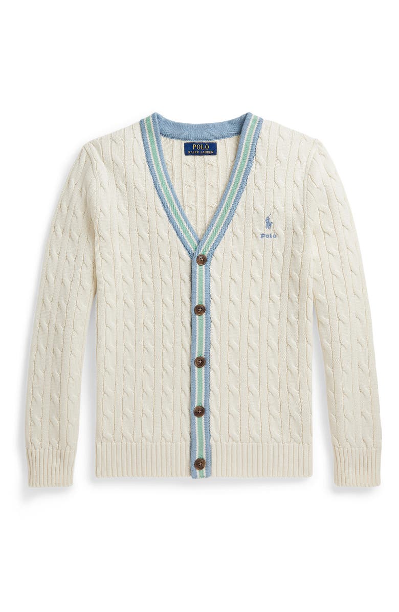 Polo Ralph Lauren Kids' Cabled Cotton Button-Up Cardigan, Main, color, Cricket Cream Multi