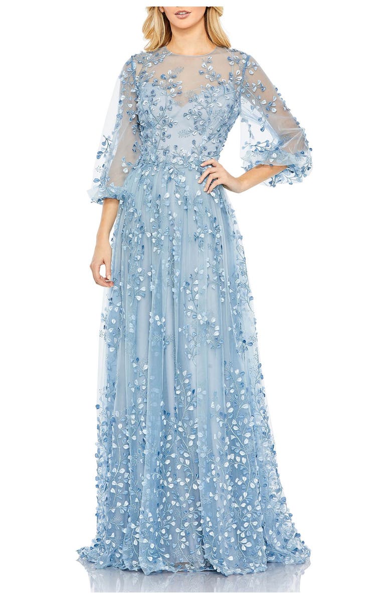 Mac Duggal Embroidered Mesh High-Neck Dress with Puff Sleeves, Main, color, Blue