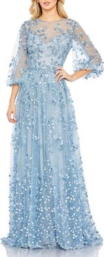 Mac Duggal Embroidered Mesh High-Neck Dress with Puff Sleeves