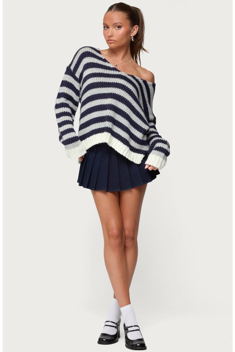 Eugenie Stripe Oversize Off the Shoulder Sweater, Alternate, color, NAVY