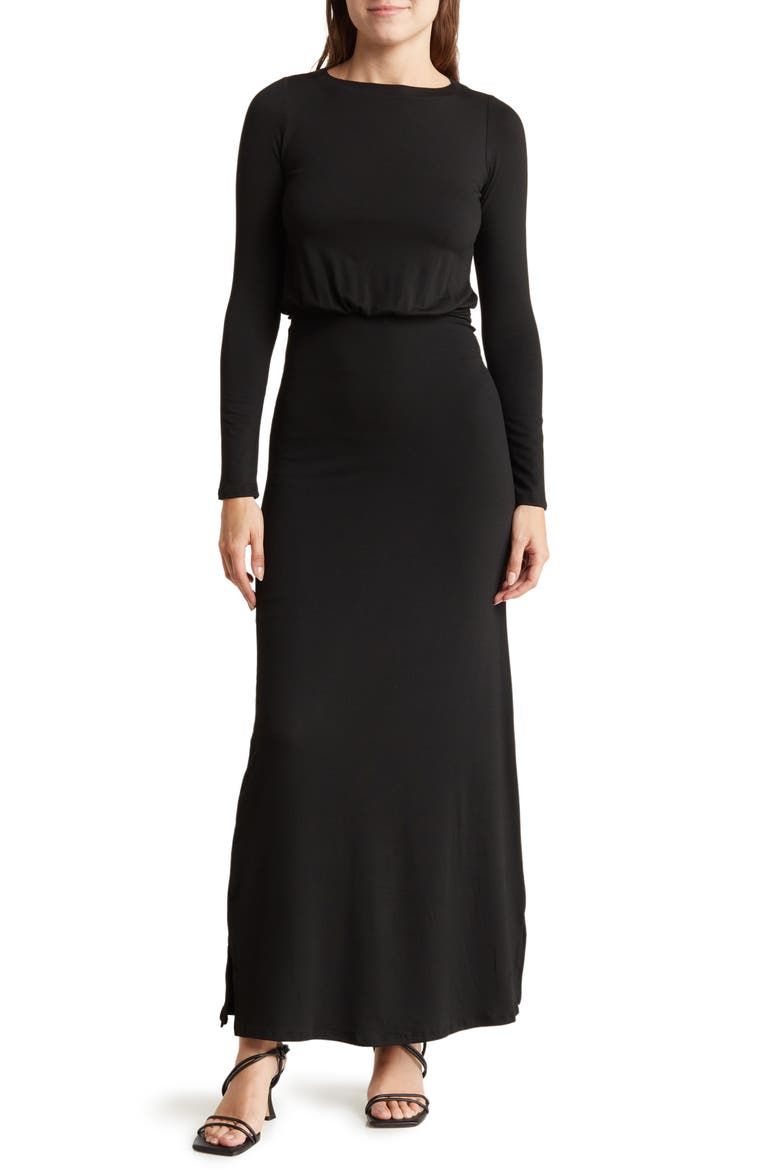 Long Sleeve Blouson Maxi Dress, Main, color, BLACK