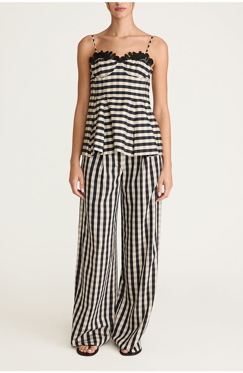 Rebecca Taylor Gingham Twill Embroidered Bustier Tank, Alternate, color, Black Combo