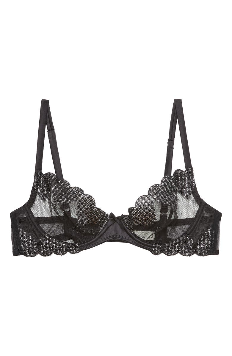 Fleur Du Mal Metallic Heart Embroidered Underwire Demi Bra, Alternate, color, Black