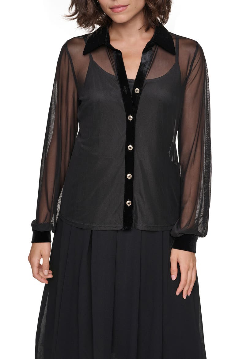 Mesh Shirt with Velvet Collar, Main, color, BLACK