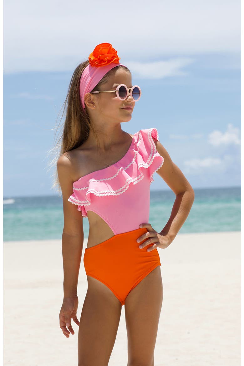 Kids' One Shoulder Cut-Out Ruffle One-Piece Swimsuit, Alternate, color, Pink-Orange