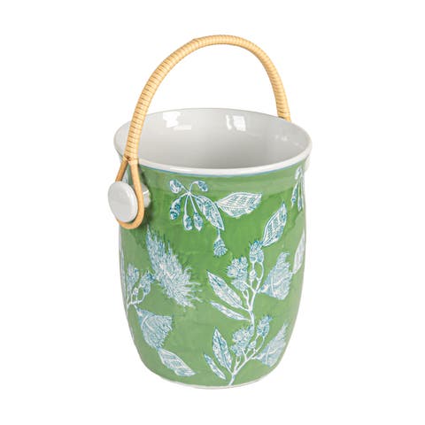 Ceramic Wine Cooler with wood Handles, Green