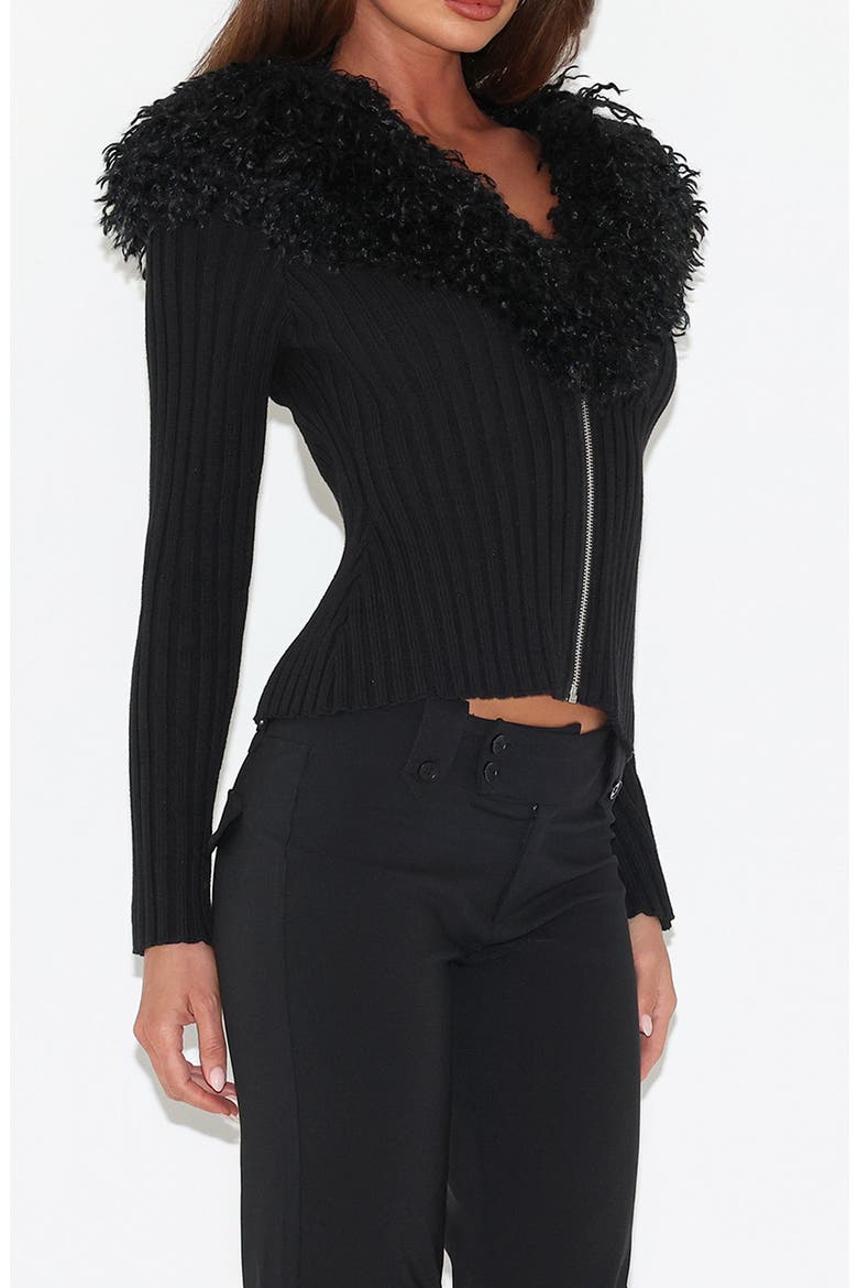 Brisa Faux Fur Collar Rib Jacket, Alternate, color, BLACK