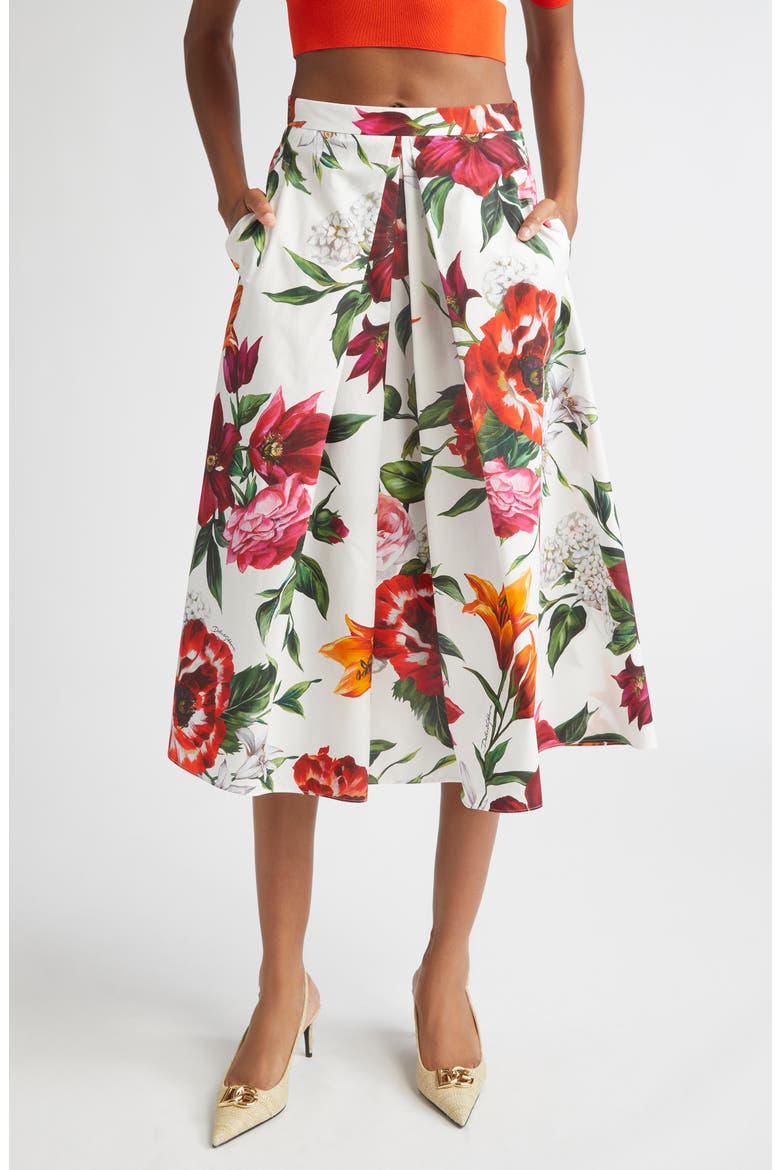 Floral Pleated Cotton Poplin Skirt, Main, color, HA5PB ANEMONI GIGLI F.BCO