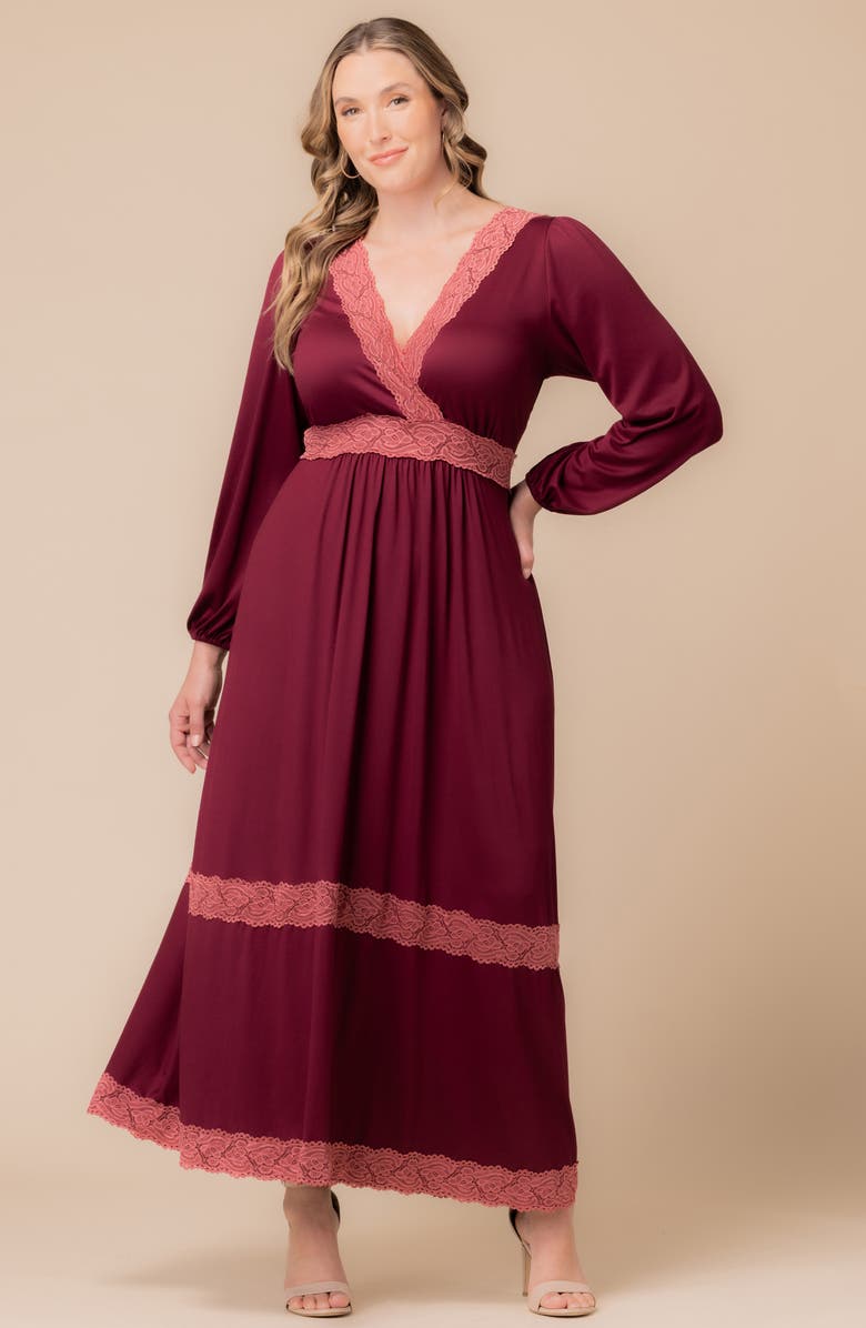 Kiyonna Lara Lace Trim Long Sleeve Maxi Dress, Alternate, color, Burgundy/ Mauve