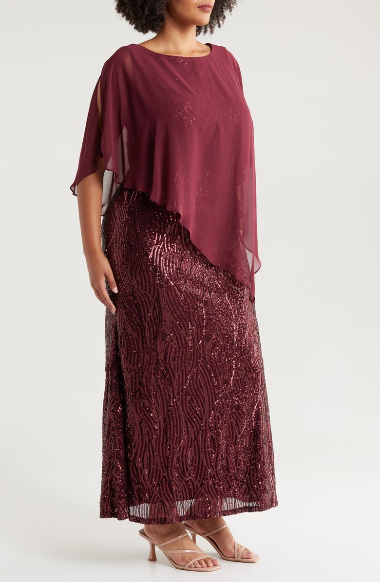 SL FASHIONS Sequin & Chiffon Popover Capelet Gown, Alternate, color,