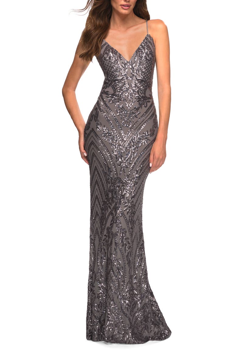 Print Sequin Gown in Jewel Tones with V Neckline, Main, color, Gunmetal