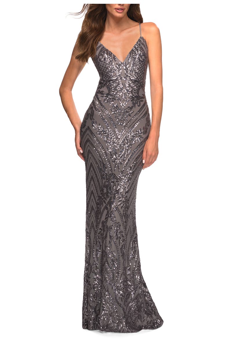 La Femme Print Sequin Gown in Jewel Tones with V Neckline, Main, color, Gunmetal
