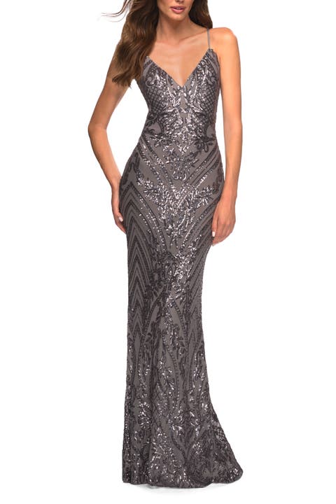 Print Sequin Gown in Jewel Tones with V Neckline