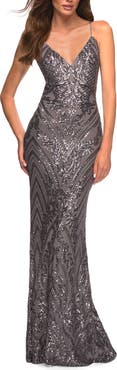 La Femme Print Sequin Gown in Jewel Tones with V Neckline