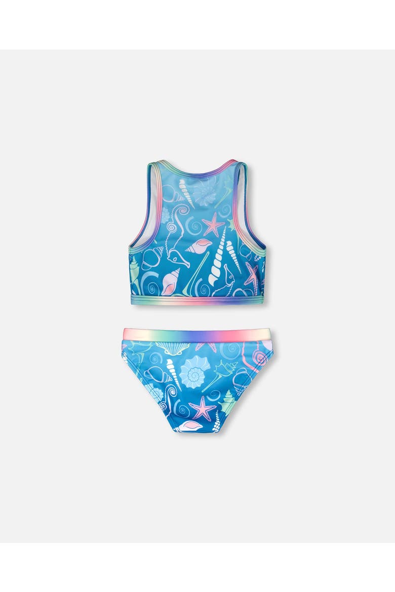 Two-Piece Sporty Crop Top Shell Swimsuit, Alternate, color, Blue Seashell Print