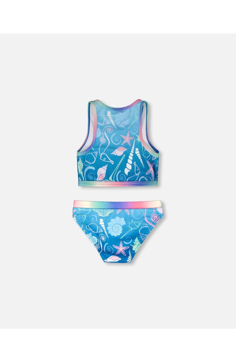 Deux par Deux Two-Piece Sporty Crop Top Shell Swimsuit, Alternate, color, Blue Seashell Print
