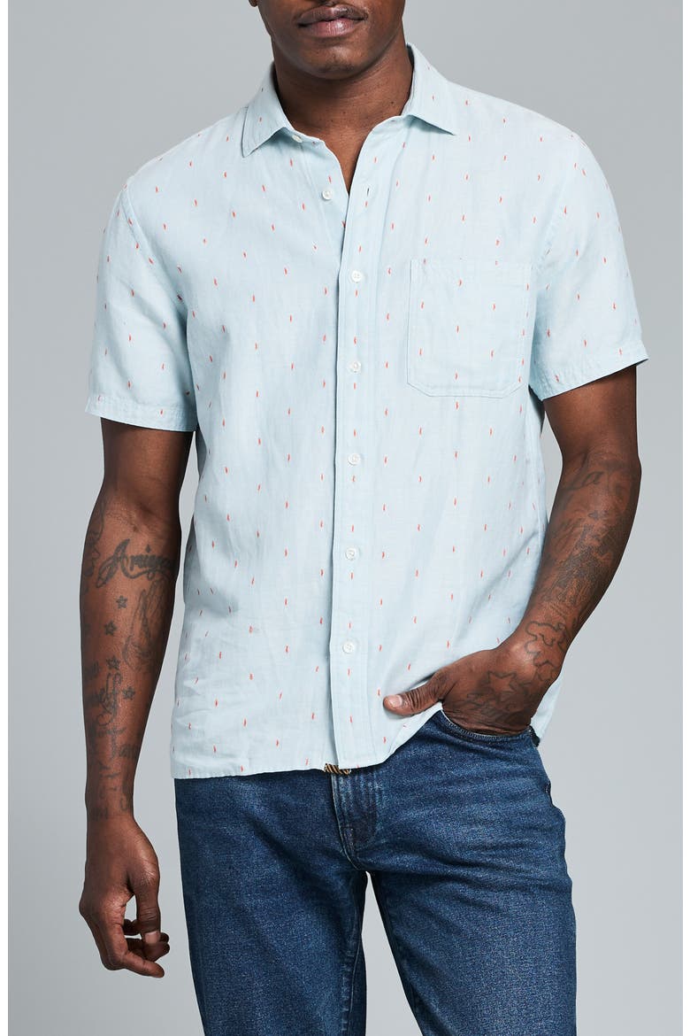 Treme Short Sleeve Linen & Cotton Herringbone Button Up Shirt, Main, color, SKY BLUE