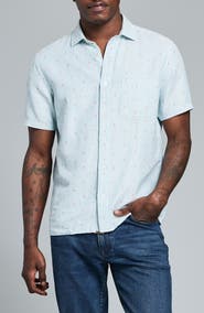 Billy Reid Treme Short Sleeve Linen & Cotton Herringbone Button Up Shirt