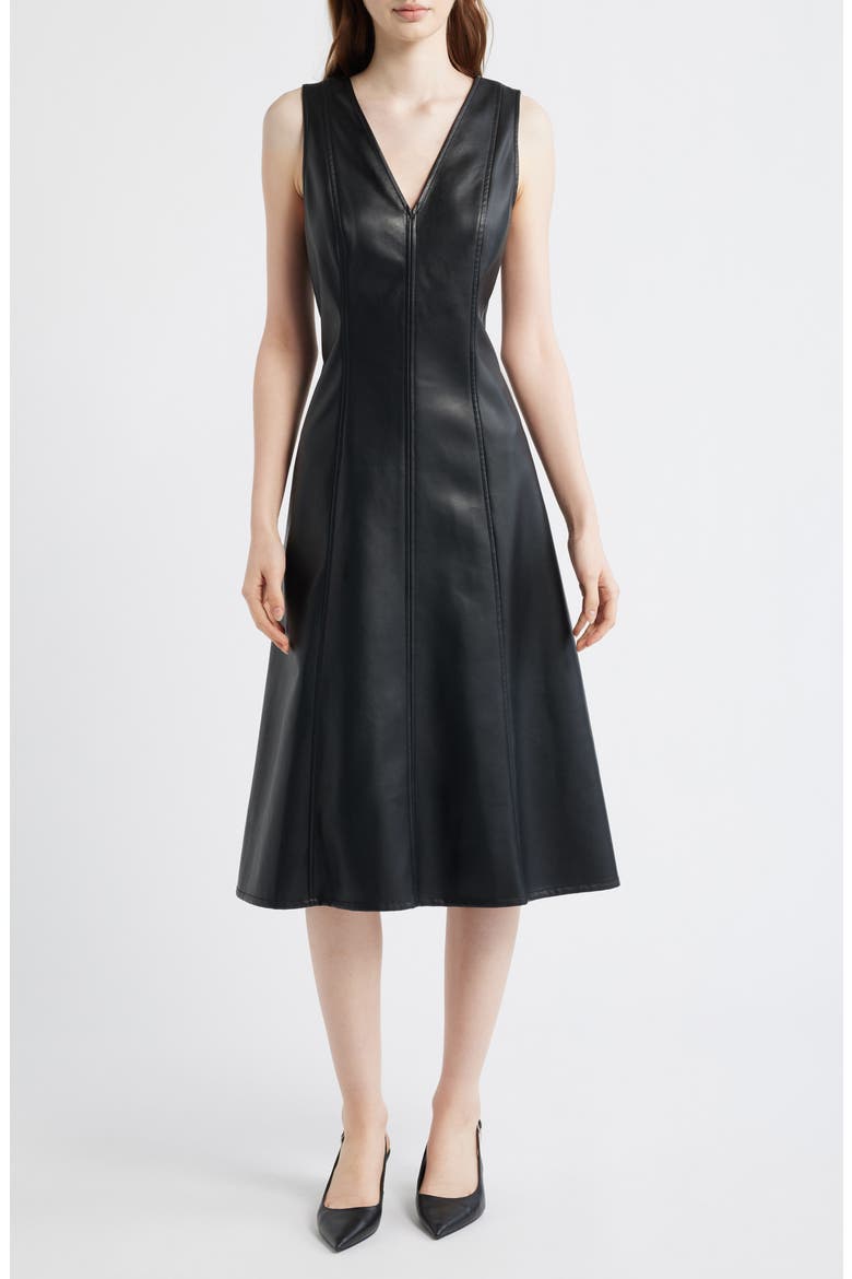 V-Neck Faux Leather Fit & Flare Midi Dress, Alternate, color, BLACK