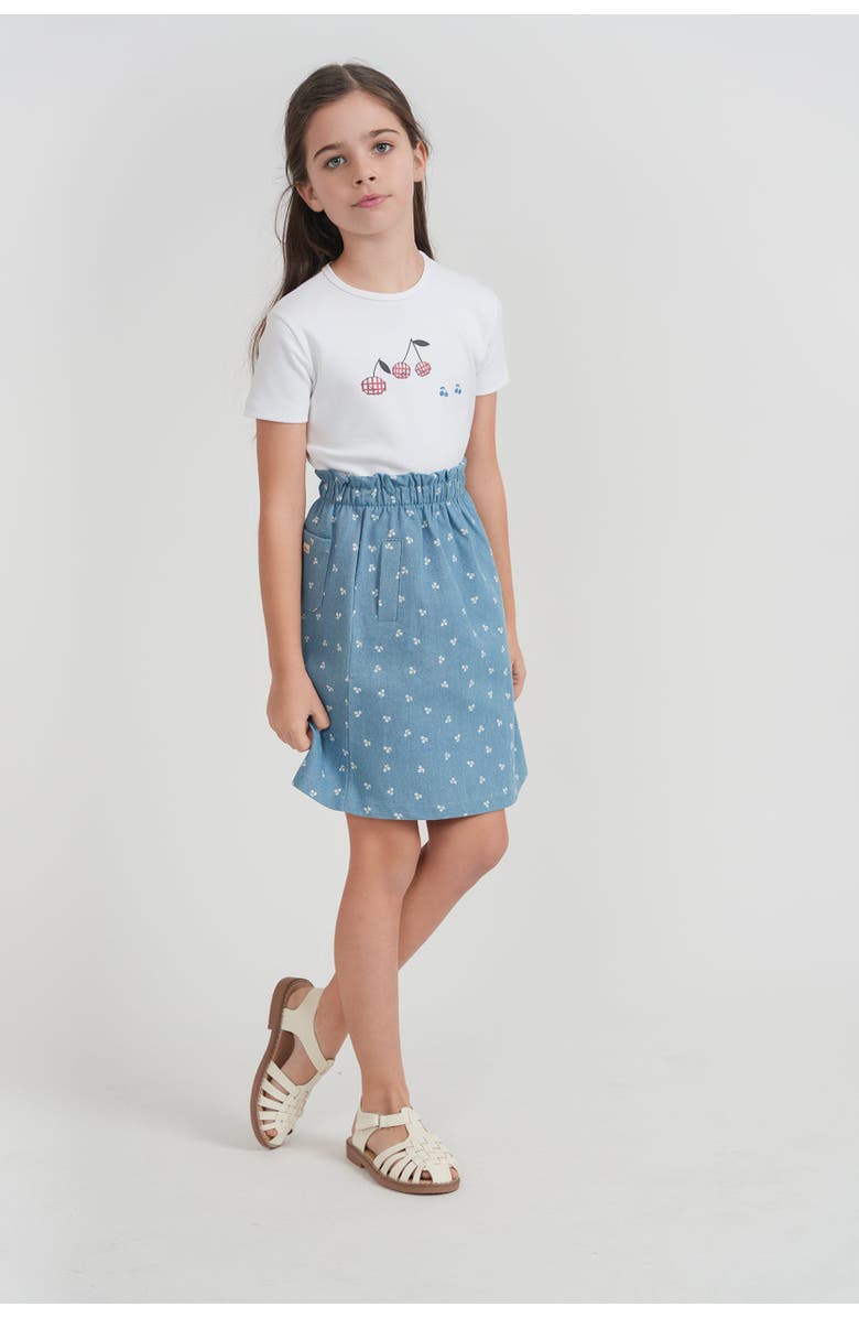 LOLA Cherry Denim Ruffle Waist Front Pocket Skirt, Alternate, color, Dark Grey