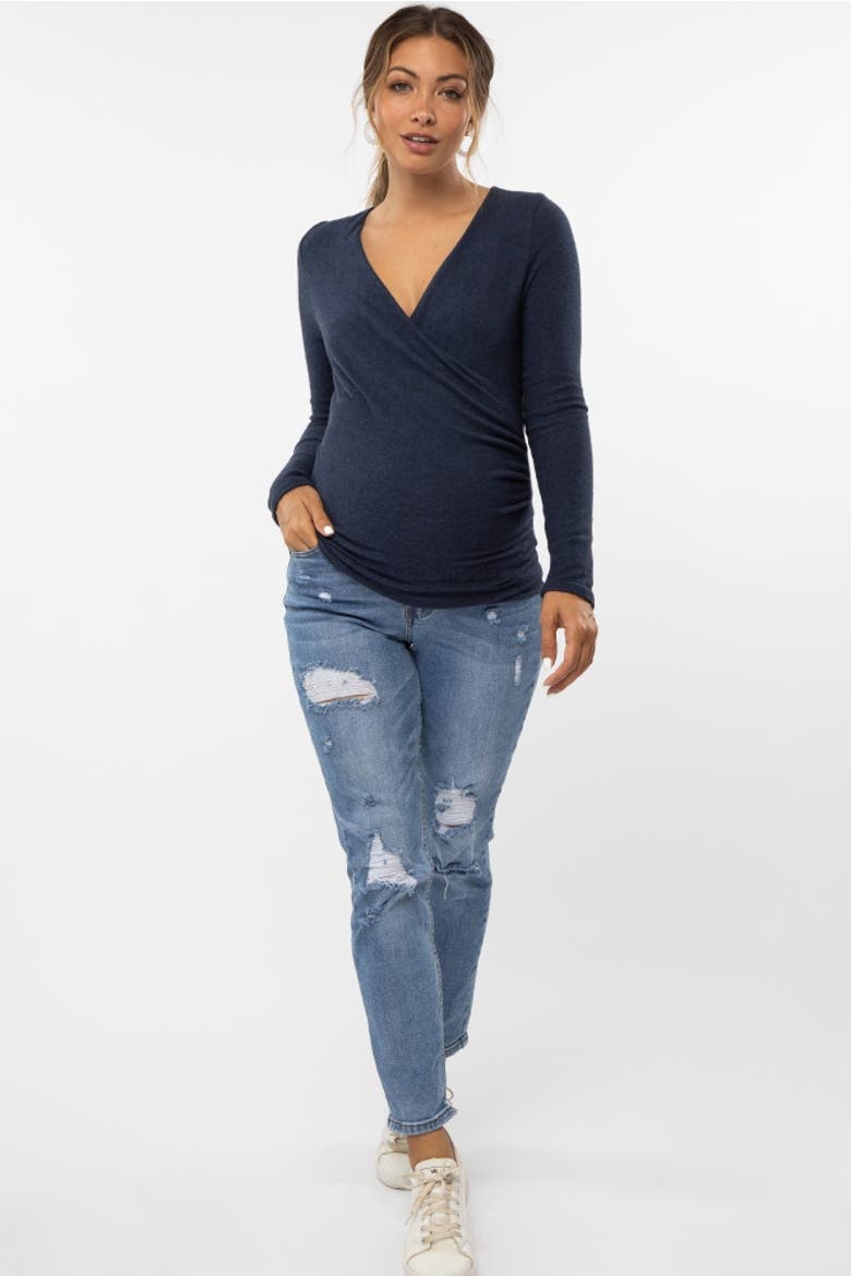 Brushed Knit Wrap Front Top, Alternate, color, Navy Blue