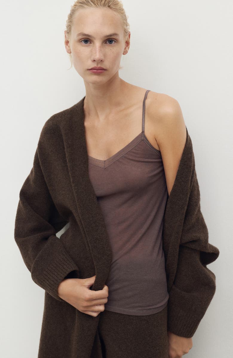 MANGO Longline Tie Belt Cardigan, Alternate, color, Chocolate