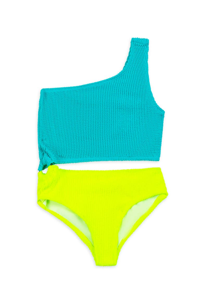 Crinkle Cutout One Piece Swimsuit, Alternate, color, Neon Turquoise and Citrus Lime