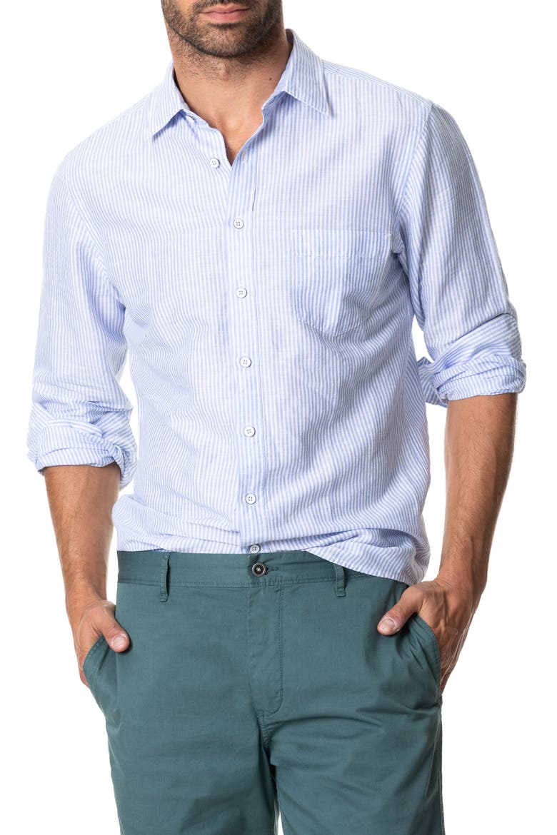 Lynwood Stripe Linen & Cotton Button-Up Shirt, Main, color, CORNFLOWER