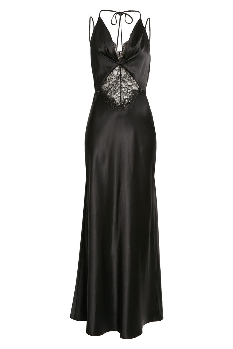 Metallic Lace Detail Silk Gown, Alternate, color, FLORAL PRINT/ BLACK