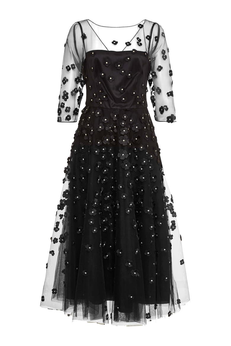 Embroidered Mesh Cocktail Gown With Sleeves, Alternate, color, Black