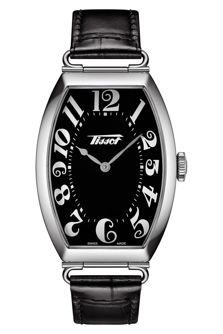 Heritage Porto Leather Strap Watch, 42.5mm x 31mm, Main, color, BLACK/ SILVER
